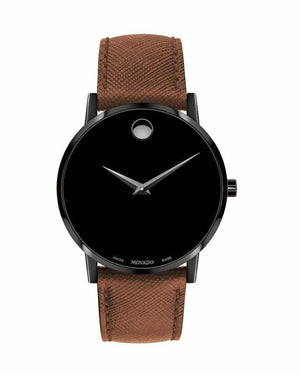 Movado Men's Museum Classic Black Stainless Steel Quartz Black Dial Black Case Brown leather Band Watch