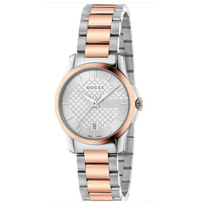 Gucci Women’s Swiss Made Quartz Two Tone Stainless Steel Silver Dial 27mm Watch YA126528