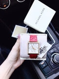 Michael Kors White Rectangle Dial Maroon Leather Strap Watch For Ladies - MK2770