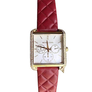 Michael Kors White Rectangle Dial Maroon Leather Strap Watch For Ladies - MK2770