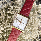 Michael Kors White Rectangle Dial Maroon Leather Strap Watch For Ladies - MK2770