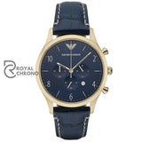 Emporio Armani Ar1862 43Mm Mens Watch Steel Leather Chrono Golden/Blue Watches