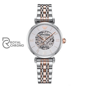 Emporio Armani Ar1992 Ladies Meccanico Silver/Rose Gold Skeleton Automatic Watch Watch