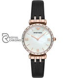 Emporio Armani Gianni T-Bar Mother Of Pearl Dial Black Leather Strap Watch For Ladies - Ar11295