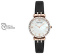 Emporio Armani Gianni T-Bar Mother Of Pearl Dial Black Leather Strap Watch For Ladies - Ar11295