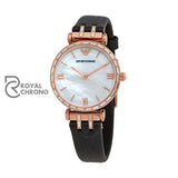 Emporio Armani Gianni T-Bar Mother Of Pearl Dial Black Leather Strap Watch For Ladies - Ar11295