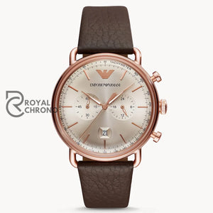 Emporio Armani Mens Chronograph Quartz Brown Leather Strap Rose Gold Shine Dial 43Mm Watch Ar11106